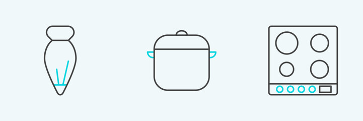 Set line Gas stove, Pastry bag for decorate cakes and Cooking pot icon. Vector