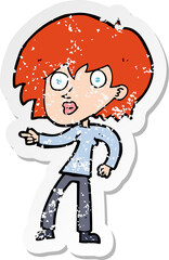 retro distressed sticker of a cartoon surprised woman pointing