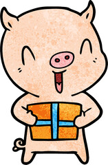 happy cartoon pig with xmas present