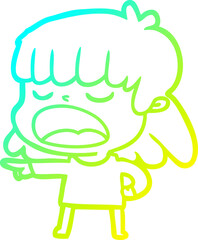 cold gradient line drawing of a cartoon woman talking loudly