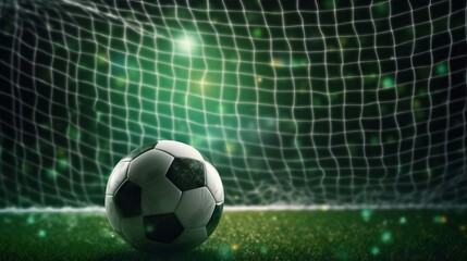 Soccer ball in goal with green background photo realistic. AI generated