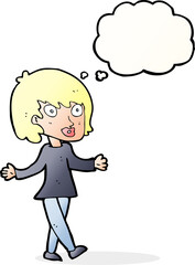 cartoon woman with open arms with thought bubble