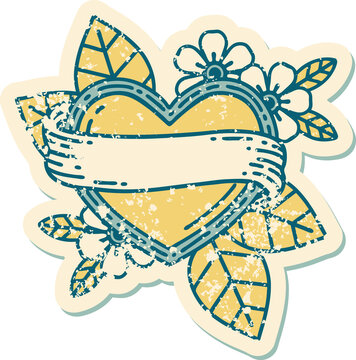 iconic distressed sticker tattoo style image of a heart and banner