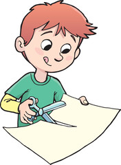 Fototapeta na wymiar boy carefully cuts the paper with scissors