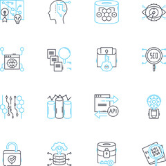 Identity theft linear icons set. Scam, Fraud, Phishing, Victim, Cybercrime, Hack, Stolen line vector and concept signs. Privacy,Breach,Misuse outline illustrations