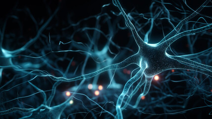 Neuron cells system - 3D rendered image of Neuron cell network, Generative AI