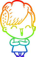 rainbow gradient line drawing of a cartoon happy hipster girl