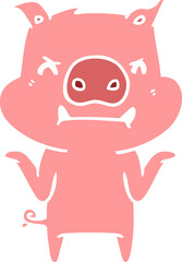 angry flat color style cartoon pig shrugging shoulders