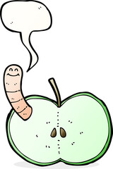 cartoon apple with worm with speech bubble