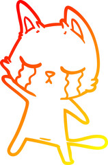 warm gradient line drawing of a crying cartoon cat