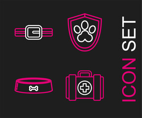 Set line Pet first aid kit, food bowl, Animal health insurance and Collar with name tag icon. Vector