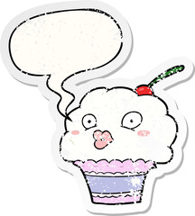funny cartoon cupcake with speech bubble distressed distressed old sticker