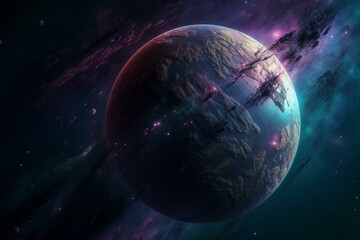 Obraz na płótnie Canvas Stunning space art featuring a planet in violet hues. Generative AI