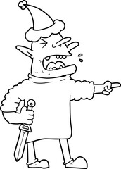 hand drawn line drawing of a goblin with knife wearing santa hat