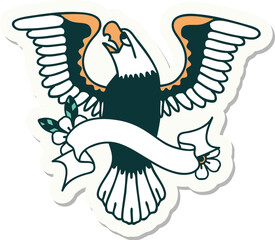 tattoo style sticker with banner of an american eagle