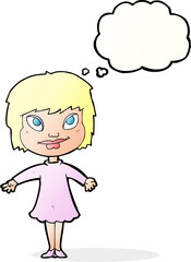 cartoon girl shrugging shoulders with thought bubble