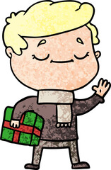 cartoon man carrying christmas present waving