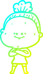 cold gradient line drawing of a cartoon happy old woman