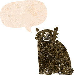 cartoon bear with speech bubble in grunge distressed retro textured style