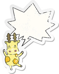 cute cartoon giraffe with speech bubble distressed distressed old sticker