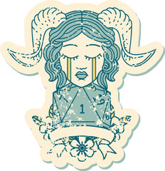 Retro Tattoo Style crying tiefling with natural one D20 dice roll