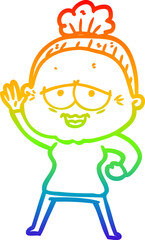 rainbow gradient line drawing of a cartoon happy old lady