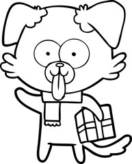 cartoon dog with christmas present