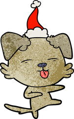 hand drawn textured cartoon of a dog dancing wearing santa hat