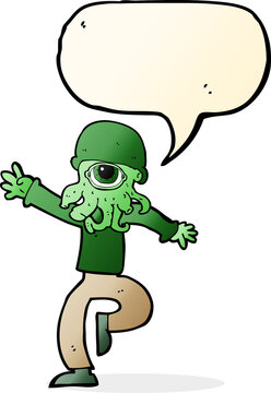 cartoon alien monster man with speech bubble