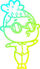 cold gradient line drawing of a cartoon woman wearing glasses
