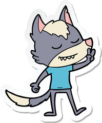 sticker of a friendly cartoon wolf making peace sign