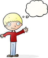 cartoon happy waving boy with thought bubble