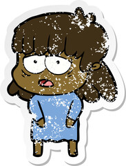distressed sticker of a cartoon tired woman