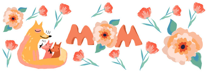 Mom, Mother's Day, Holiday  illustration. Foxes, love, animals, floral background.