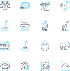 Road trip linear icons set. Adventure, Scenery, Freedom, Excitement, Exploration, Journey, Wanderlust line vector and concept signs. Discovery,Route,Highway outline illustrations