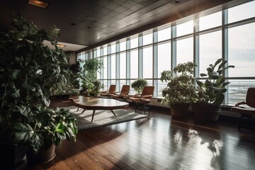 Fototapeta na wymiar Inspiring airport lounge w/ plant decor, window view, and clean wooden flooring. Generative AI
