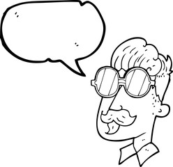 freehand drawn speech bubble cartoon man with mustache and spectacles