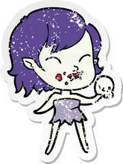 distressed sticker of a cartoon vampire girl with blood on cheek