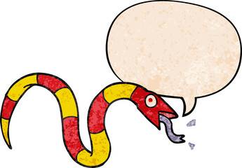 hissing cartoon snake with speech bubble in retro texture style