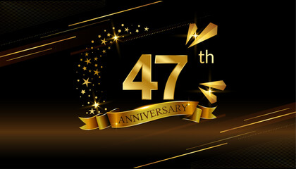 47th anniversary logo with golden ring, confetti and Gold ribbon isolated on elegant black background, sparkle, vector design for greeting card and invitation card