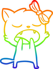 rainbow gradient line drawing of a cartoon yawning cat