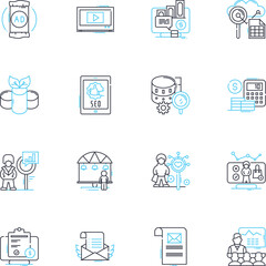 Market research linear icons set. Survey, Focus group, Data, Analysis, Target audience, Sampling, Insights line vector and concept signs. Competitive analysis,Demographics,Segmentation outline