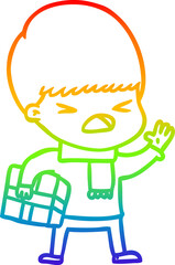 rainbow gradient line drawing of a cartoon stressed man