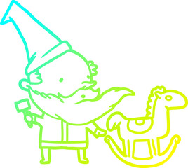 cold gradient line drawing of a santa (or elf) making a rocking horse
