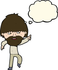 cartoon bearded man pointing and laughing with thought bubble