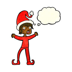 cartoon excited christmas elf with thought bubble