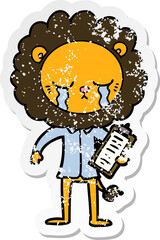 distressed sticker of a crying cartoon lion