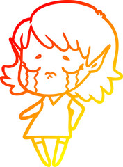 warm gradient line drawing of a crying cartoon elf girl
