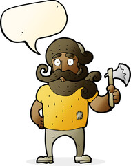 cartoon lumberjack with axe with speech bubble