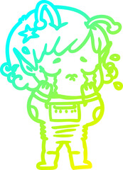 cold gradient line drawing of a cartoon crying alien girl